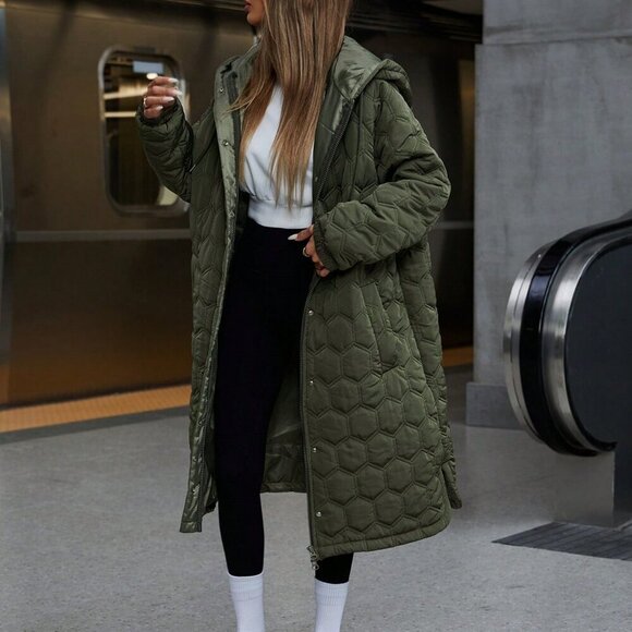 Army Green Casual Women's Hooded Long Padded Jacket Coat - Picture 6 of 6